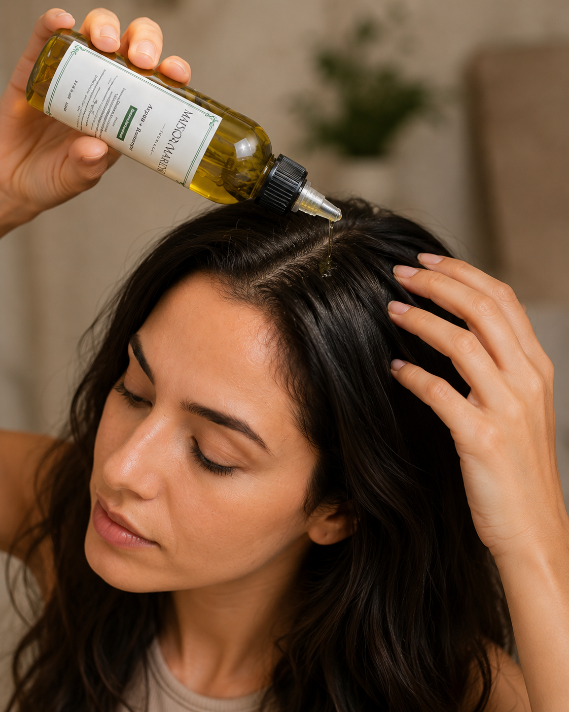 Applying Maison Romarin rosemary oil to the scalp